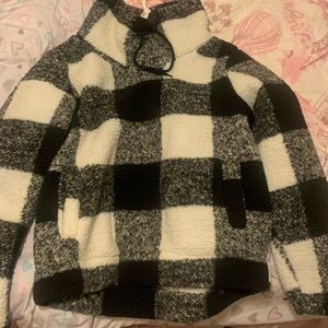 High Neck Fluffy Fleece Sherpa Sweatshirt 1/4 Drawstring Plaid Pullover Outwear